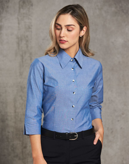 Picture of Winning Spirit Ladies' Wrinkle Free Chambray Shirt 3/4 Sleeve BS04
